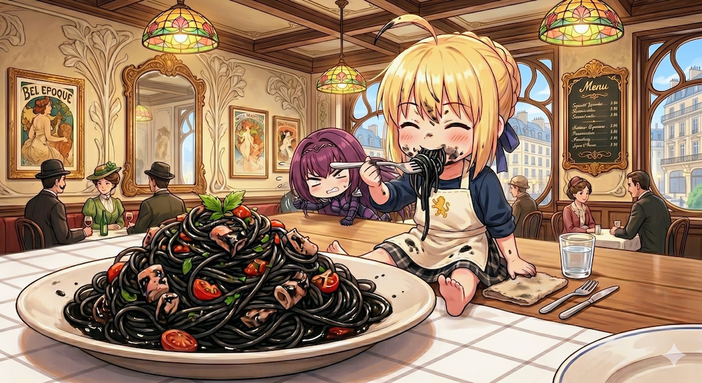 今日のお昼はイカ墨パスタです