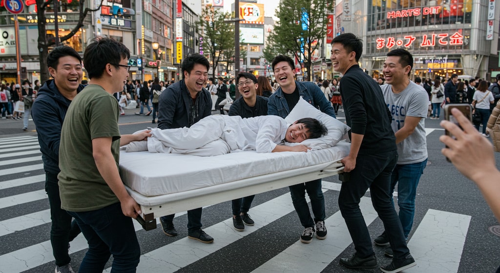 交差点の中にベッドを置く