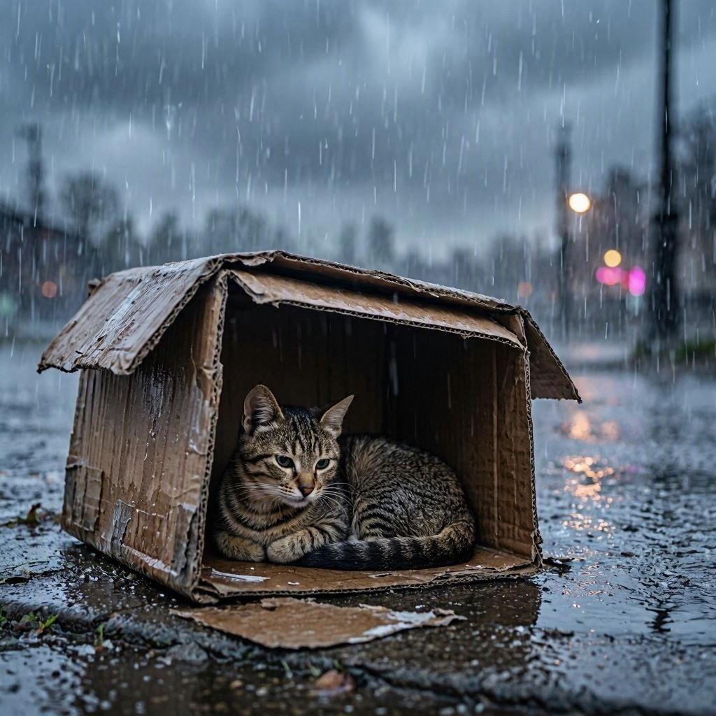 ダンボールハウスに住む猫