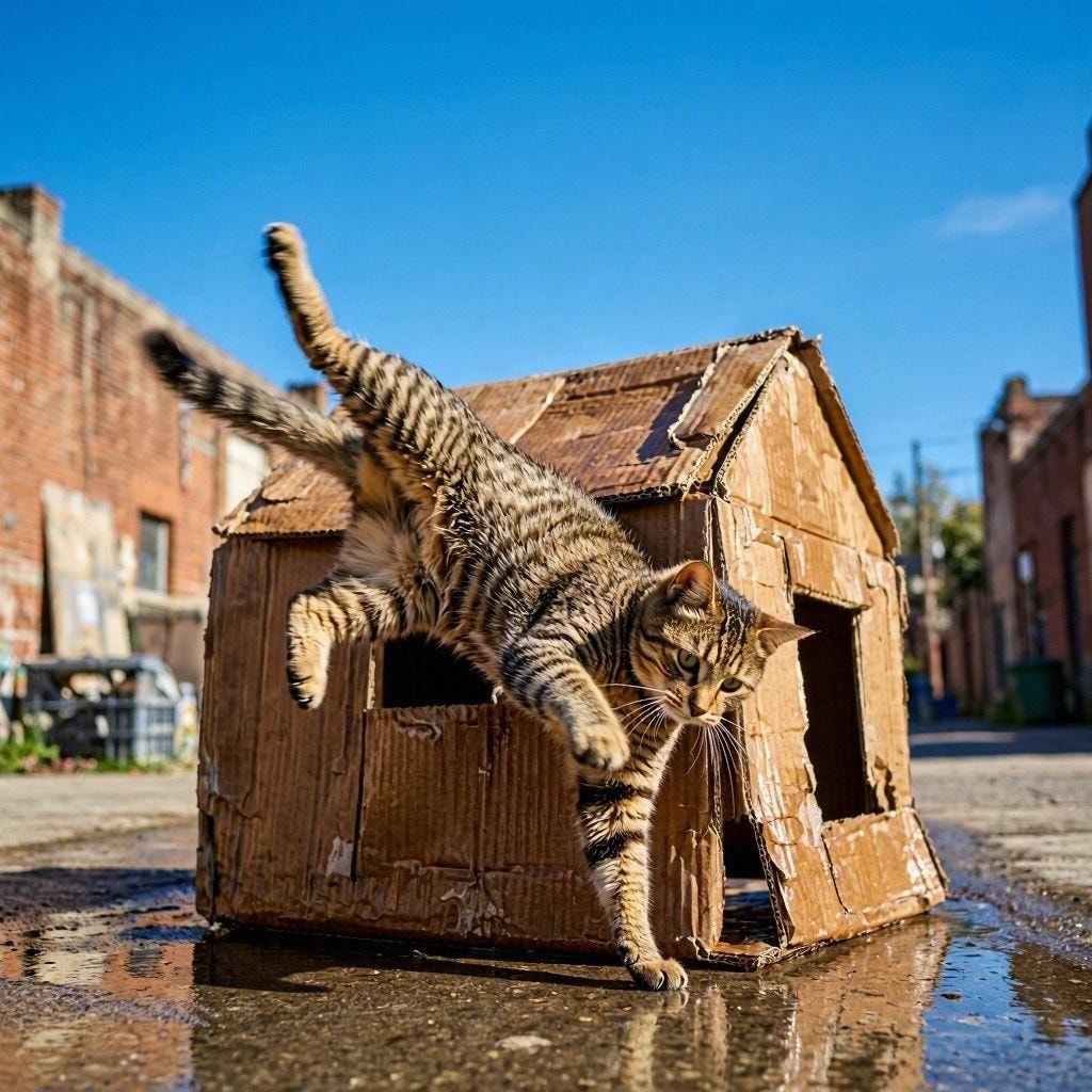 ダンボールハウスに住む猫