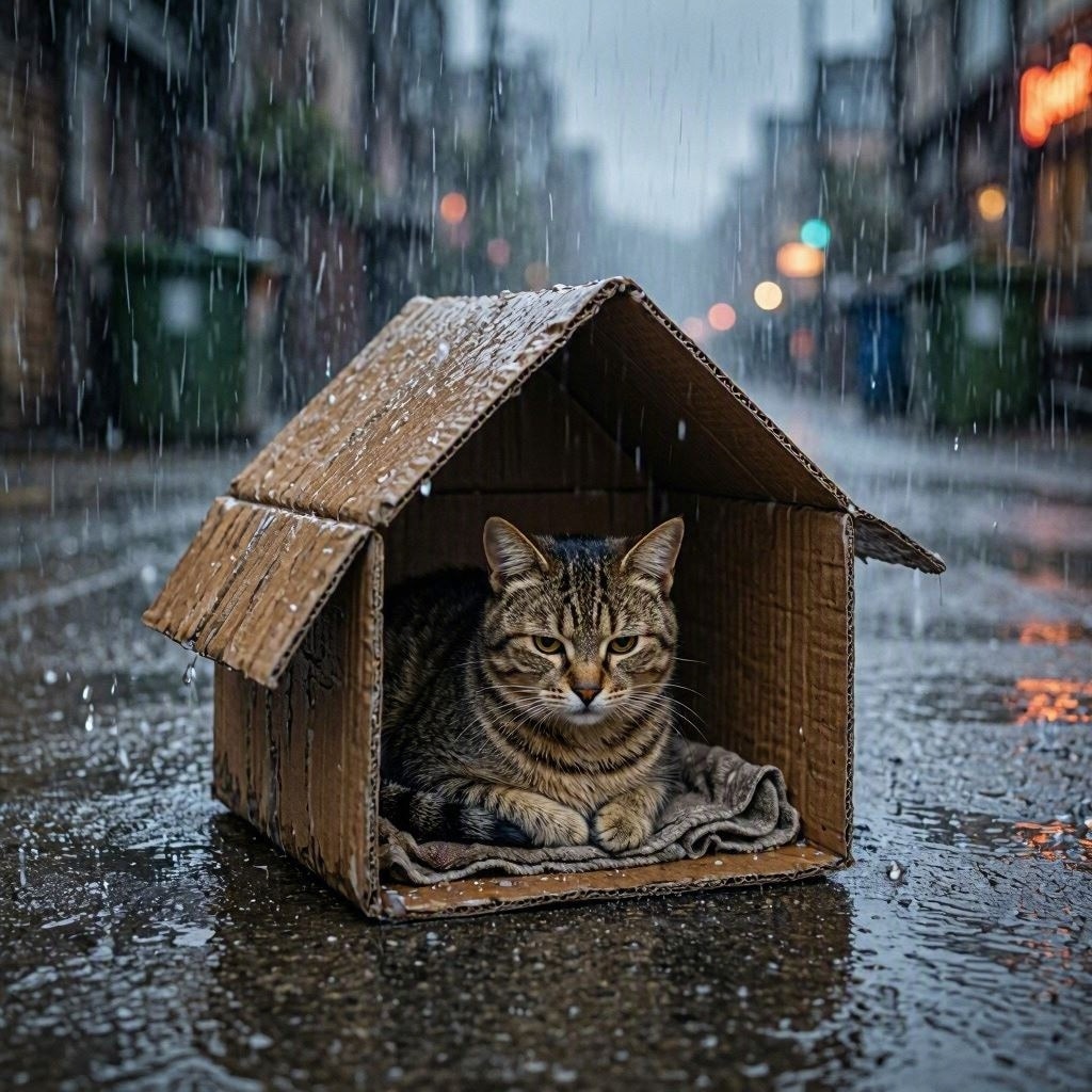 ダンボールハウスに住む猫 | の人気AIイラスト・グラビア