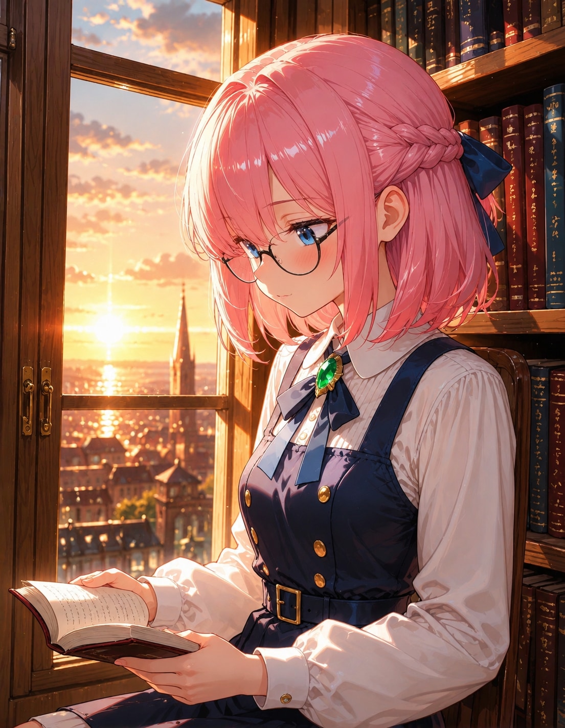 夕陽の射し込む書斎で読書に耽る少女