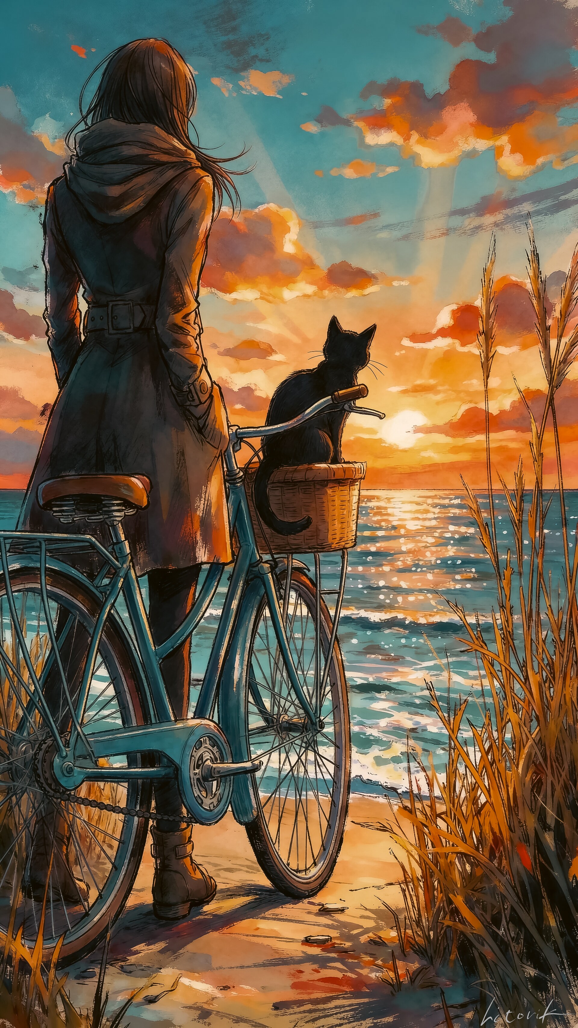 黒猫と見る水平線の夕日／スマホ壁紙アーカイブ | の人気AIイラスト・グラビア