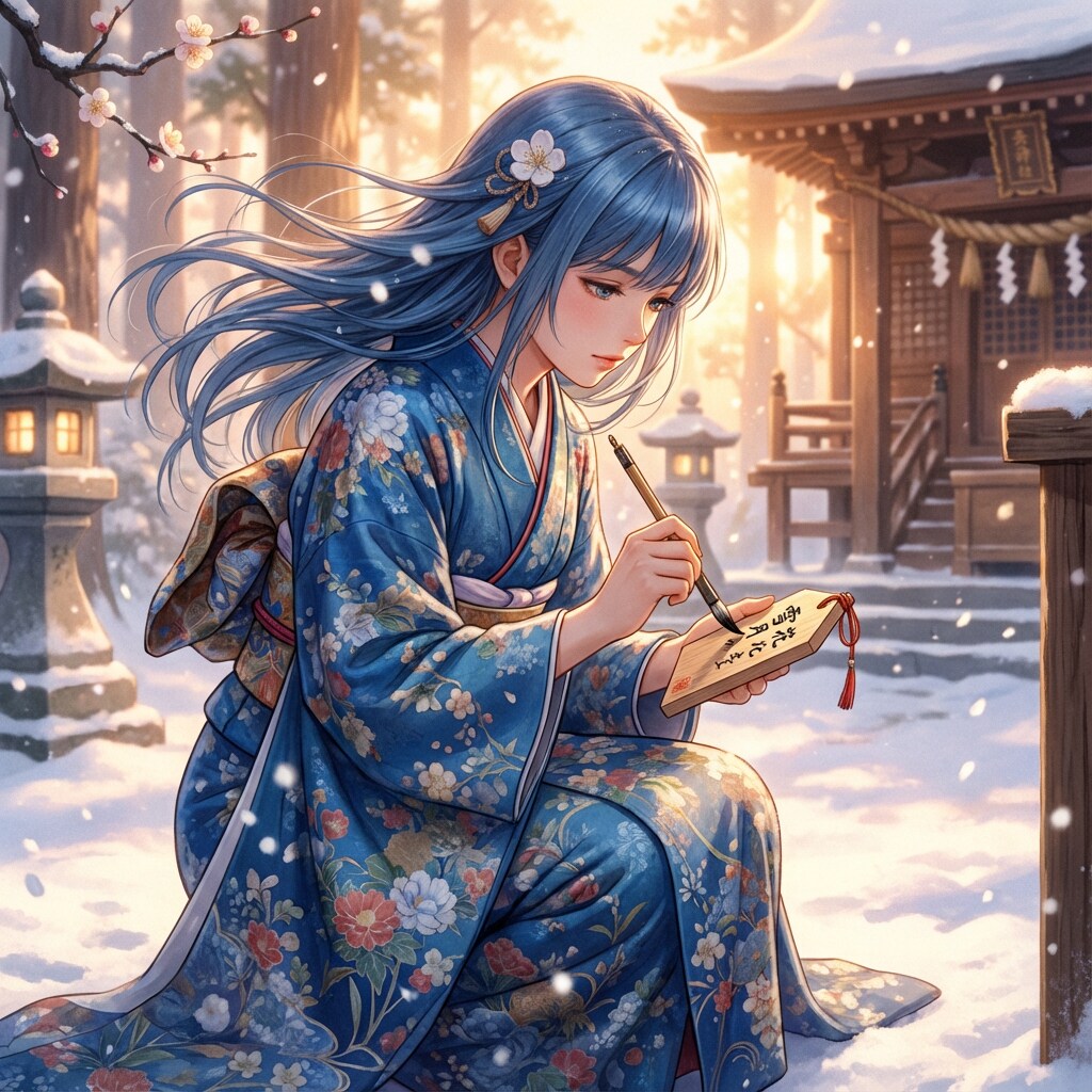 雪の庭で筆を走らせる、家族の健康と未来へ向けた静かな祈り | の人気AIイラスト・グラビア
