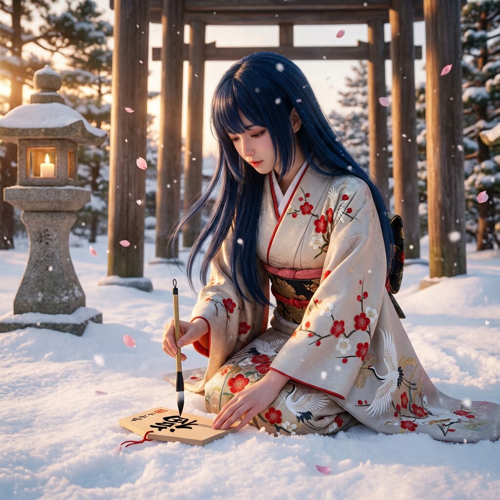 雪の庭で筆を走らせる、家族の健康と未来へ向けた静かな祈り