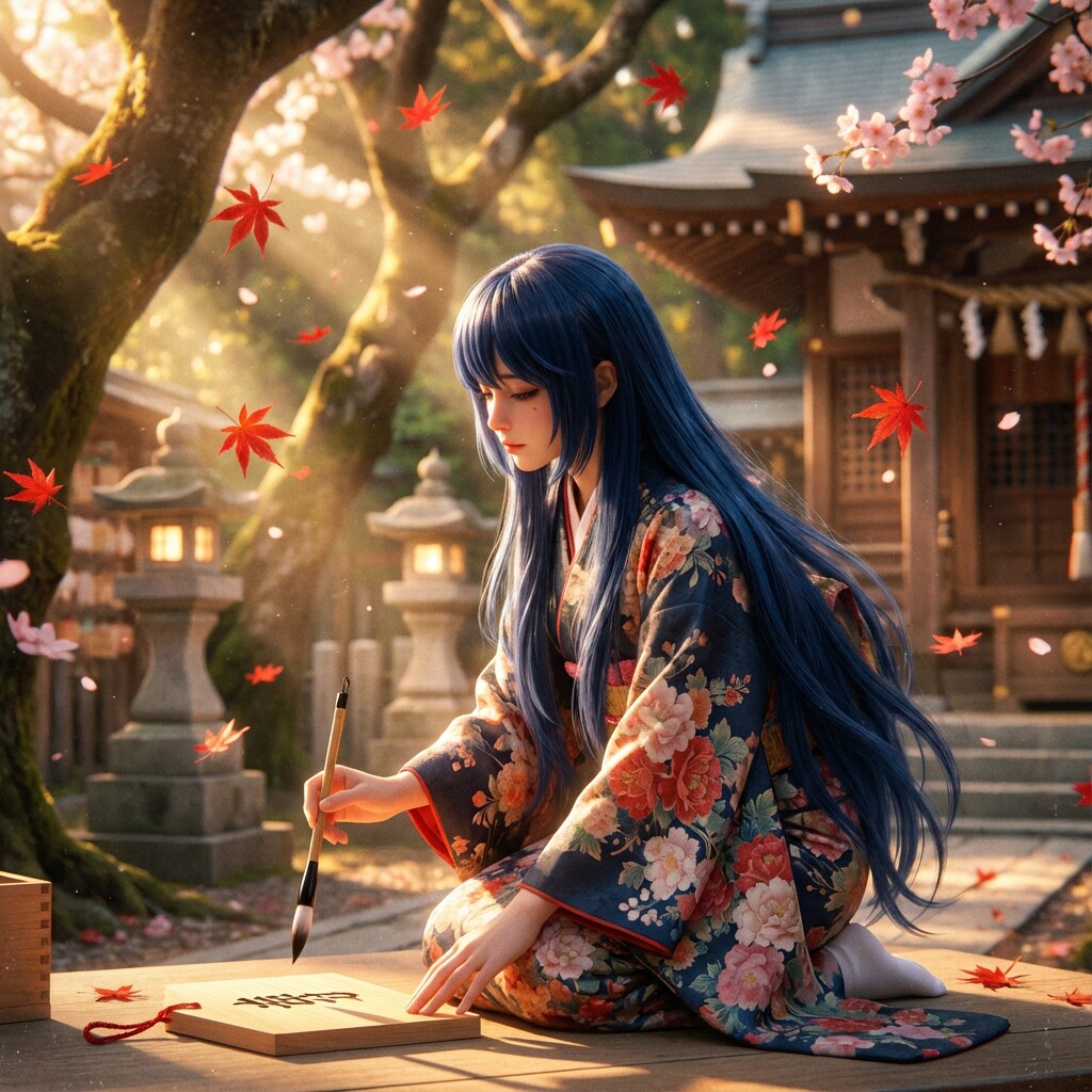 雪の庭で筆を走らせる、家族の健康と未来へ向けた静かな祈り