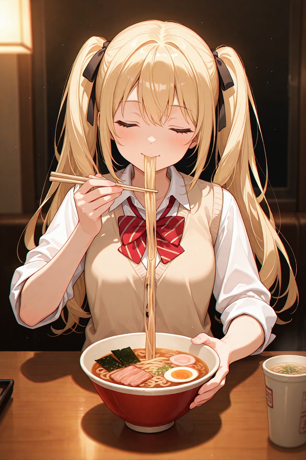 美桜ちゃん、ラーメンを食べる