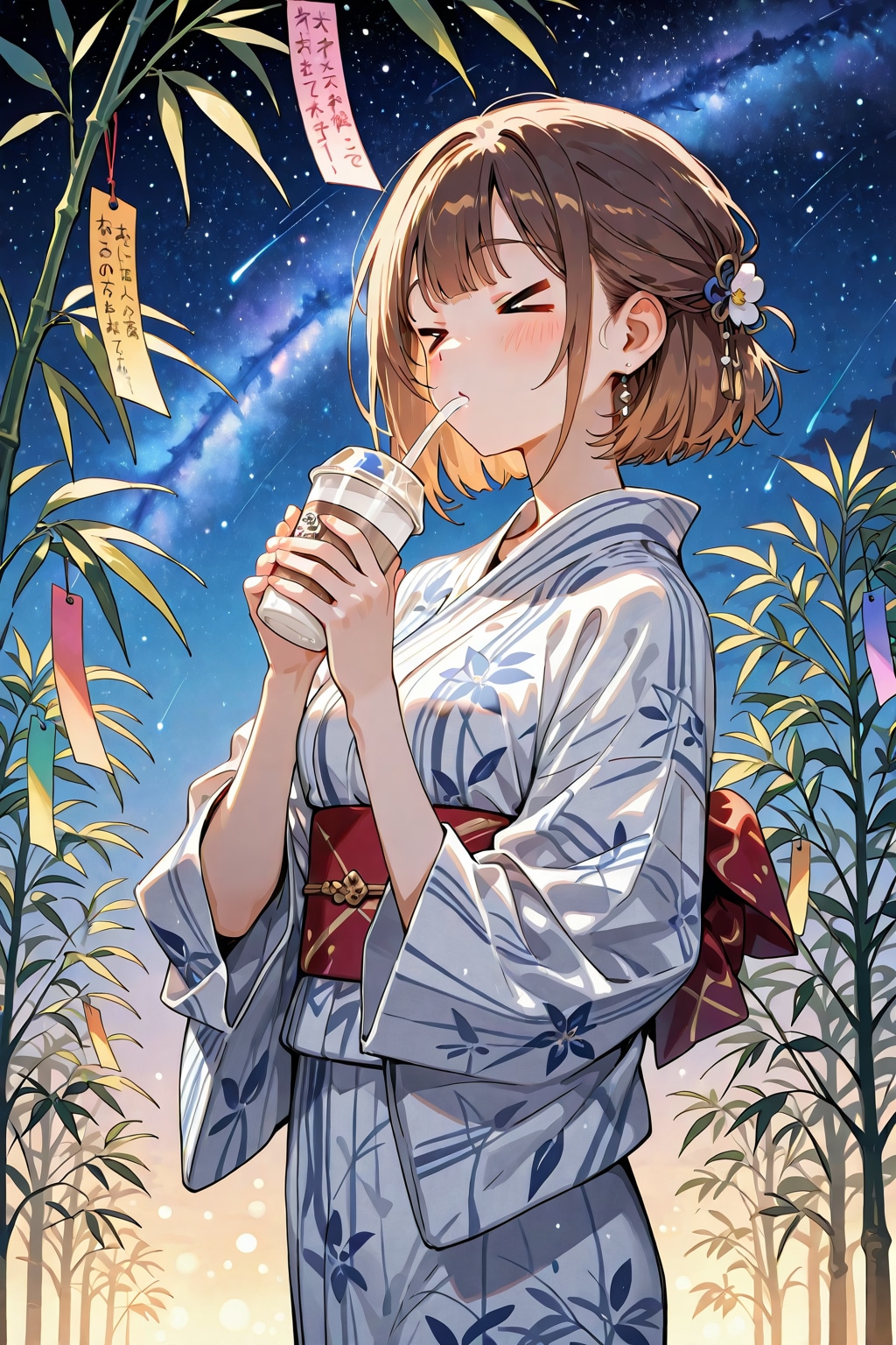 七夕を楽しむ茶髪ちゃん