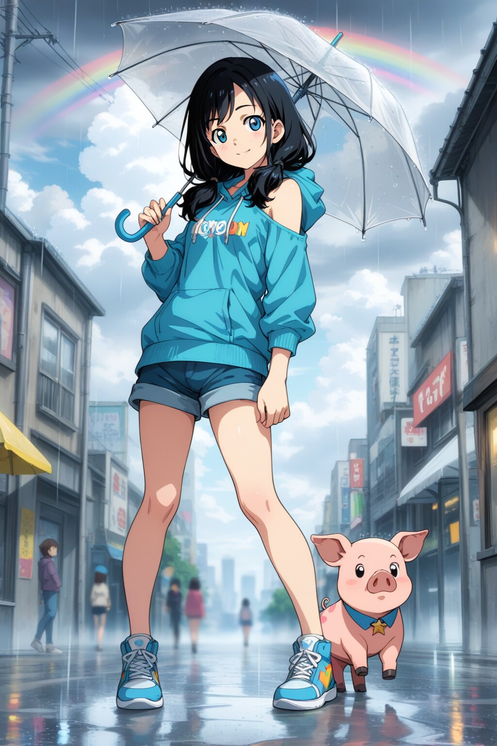 雨上がりのおさげ娘と子豚☔️🐷🌈❤️ | の人気AIイラスト・グラビア