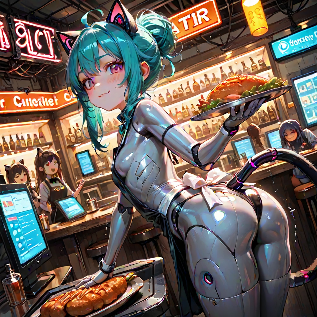 [12枚] ここはバー子猫、お酒だけでなく美味しい料理も出すことで評判です。でもなぜか給仕ドロイドたちはやけにセクシーです。実は・・「あの娘を一晩」 「毎度、200＄です」　（夢見るアンドロイド１２）