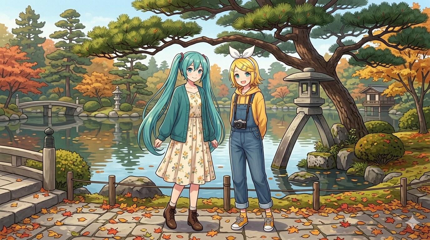 石川旅行をするミクさんとリンさん