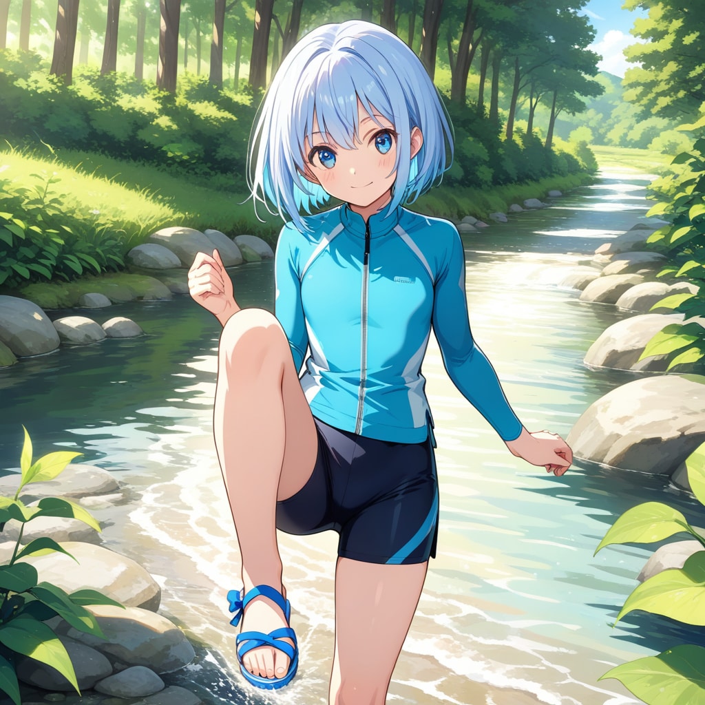 ラッシュガード姿で小さな水しぶき