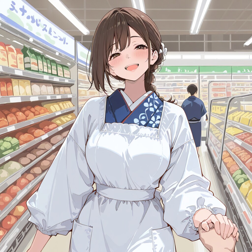 割烹着の妻　夫とお買い物