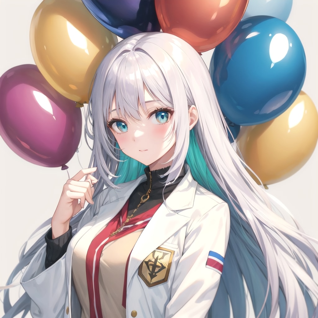 いっぱい風船を持つ白い髪ロングの白衣着た美女 | の人気AIイラスト・グラビア