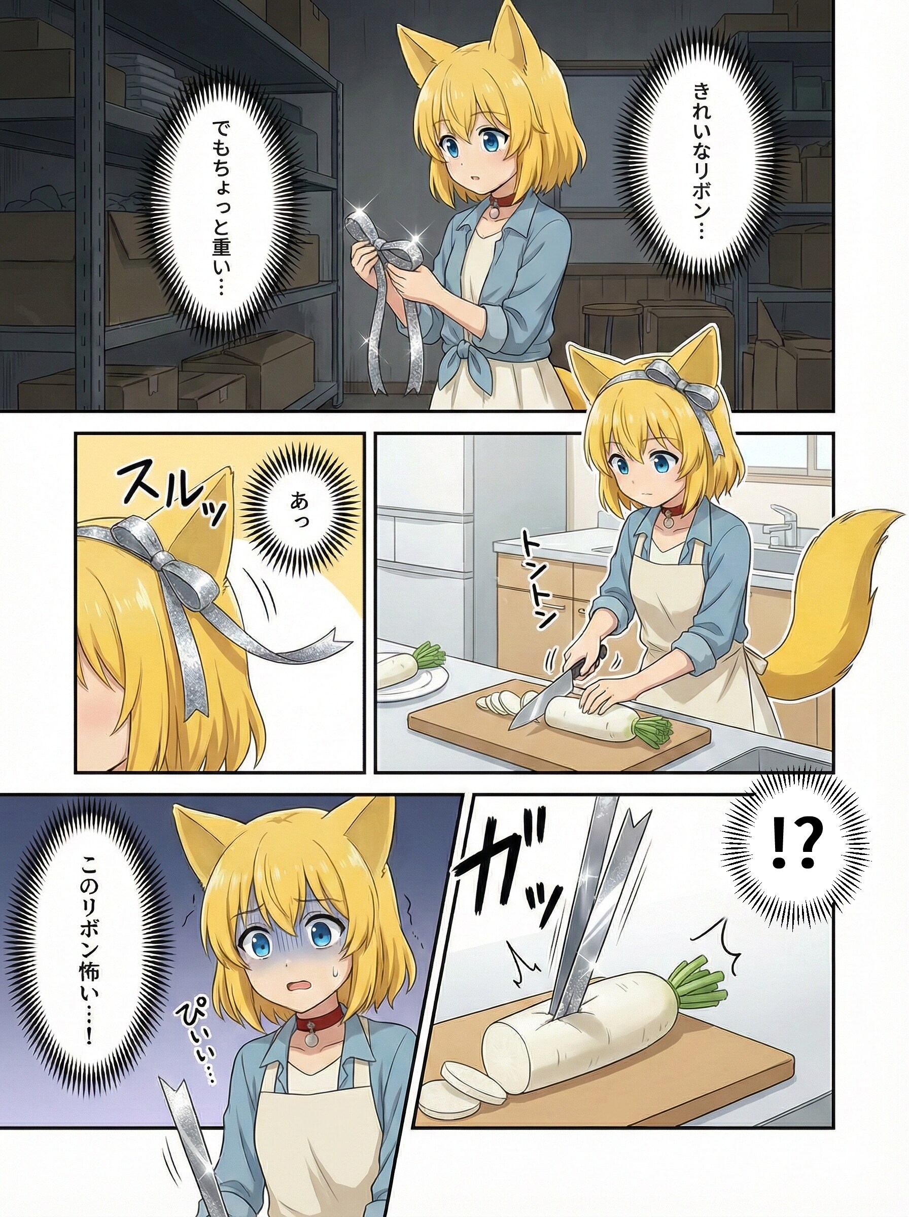 物置きで見つけた銀色のリボンを身につけたものの予想外に凶器の素質があり恐れおののくキツネ | の人気AIイラスト・グラビア