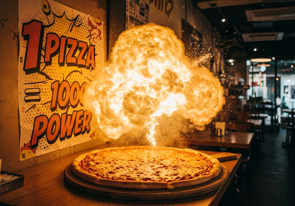 1ピザで1000パワーを摂取と出力が出来るピザの宣伝用張り紙