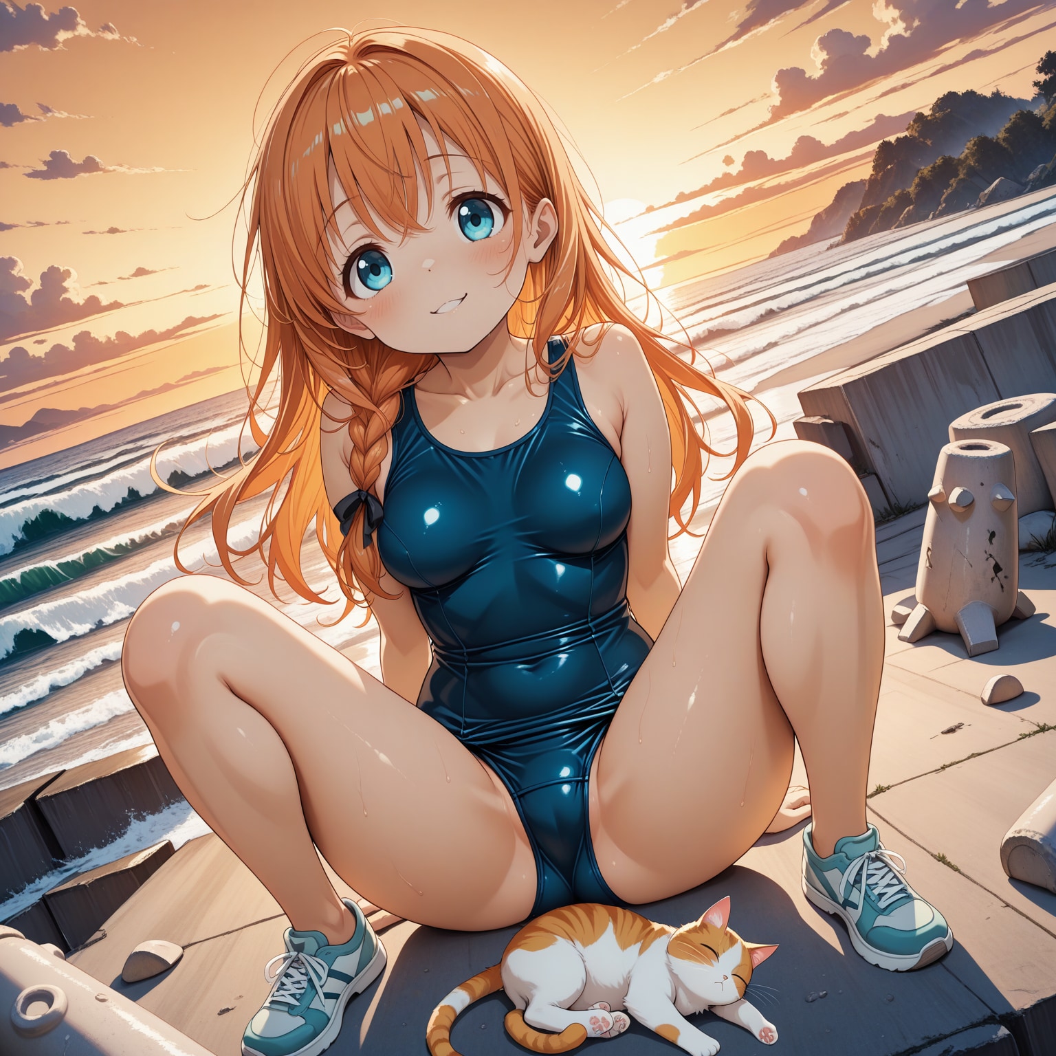 スク水と猫と海と…