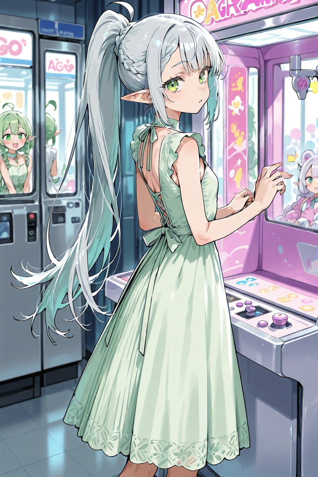 ゲーセンでクレーンゲームをしている銀髪エルフの女の子 | の人気AIイラスト・グラビア