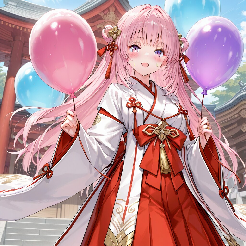 いっぱい風船を持つピンク髪ロングの巫女服の美女