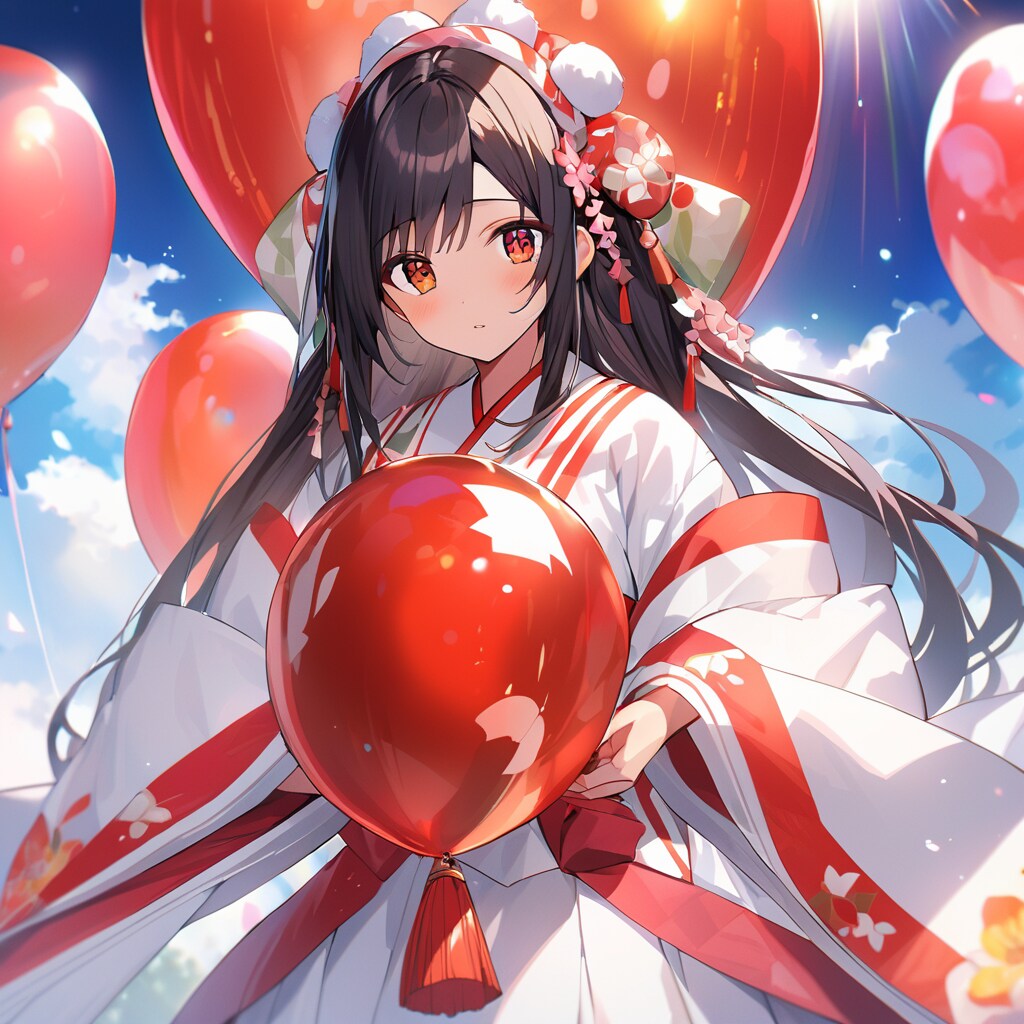 神社で赤い巨大風船を膨らませる巫女服の美女 | の人気AIイラスト・グラビア