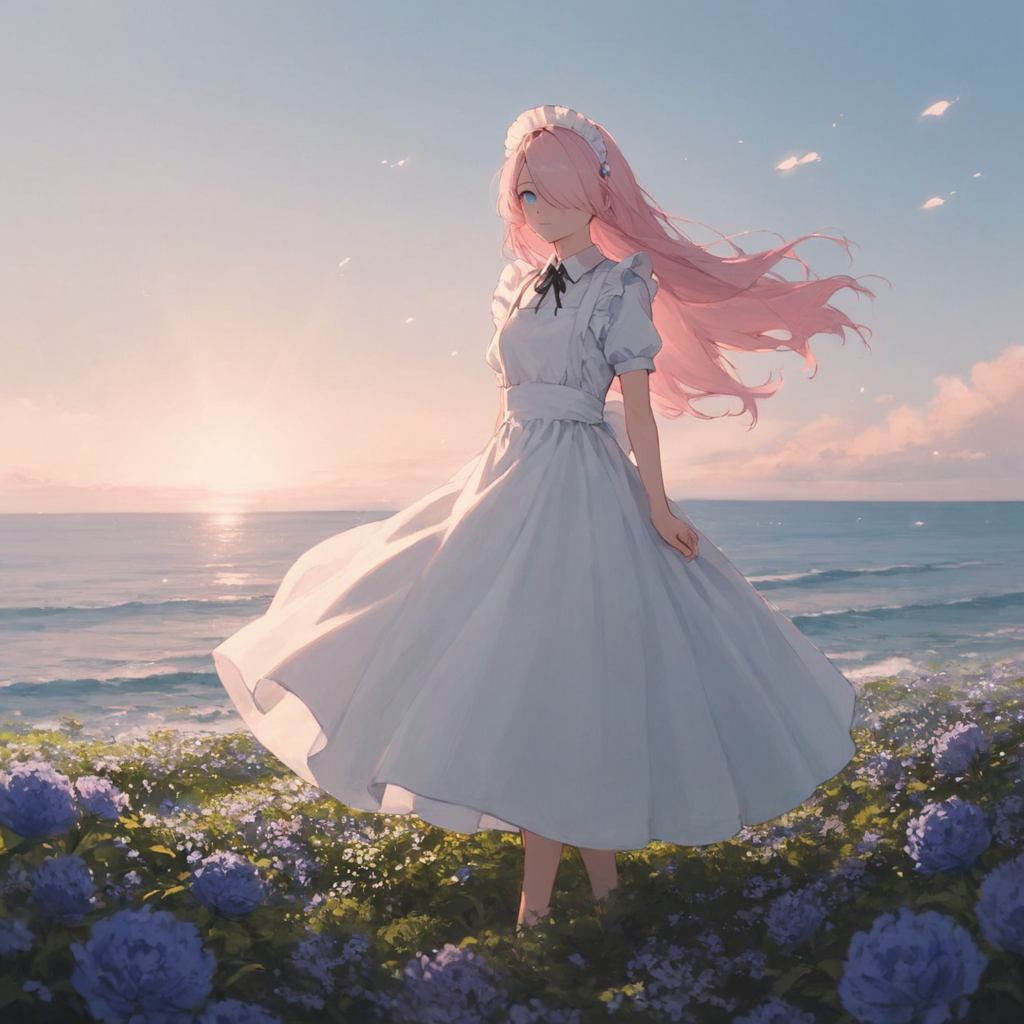 花畑と海とメイドさん