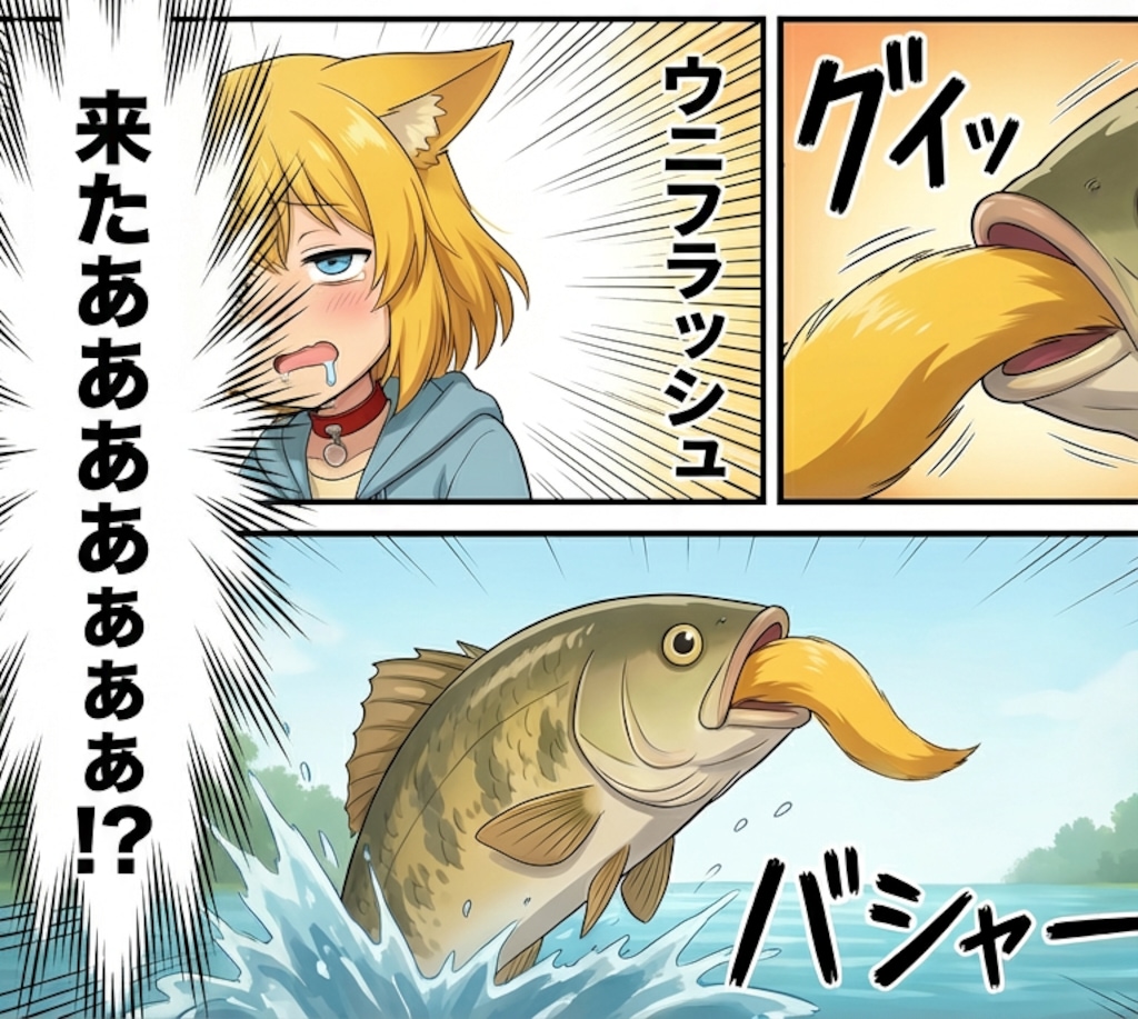 漫画でしっぽを釣り竿代わりにして魚を釣っているシーンを見てしまい自分もやってみたいといても立ってもいられなくなりわくわくしながら森に…