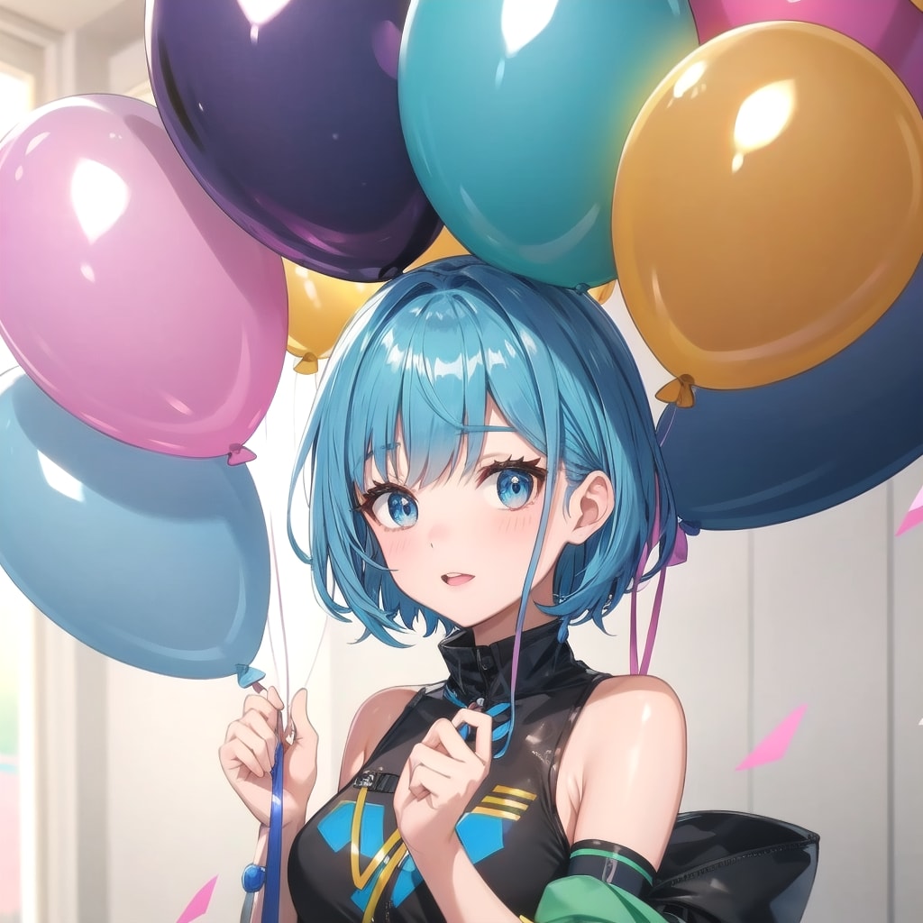いっぱい風船を持つ青い髪ショートカットの美女アナウンサー