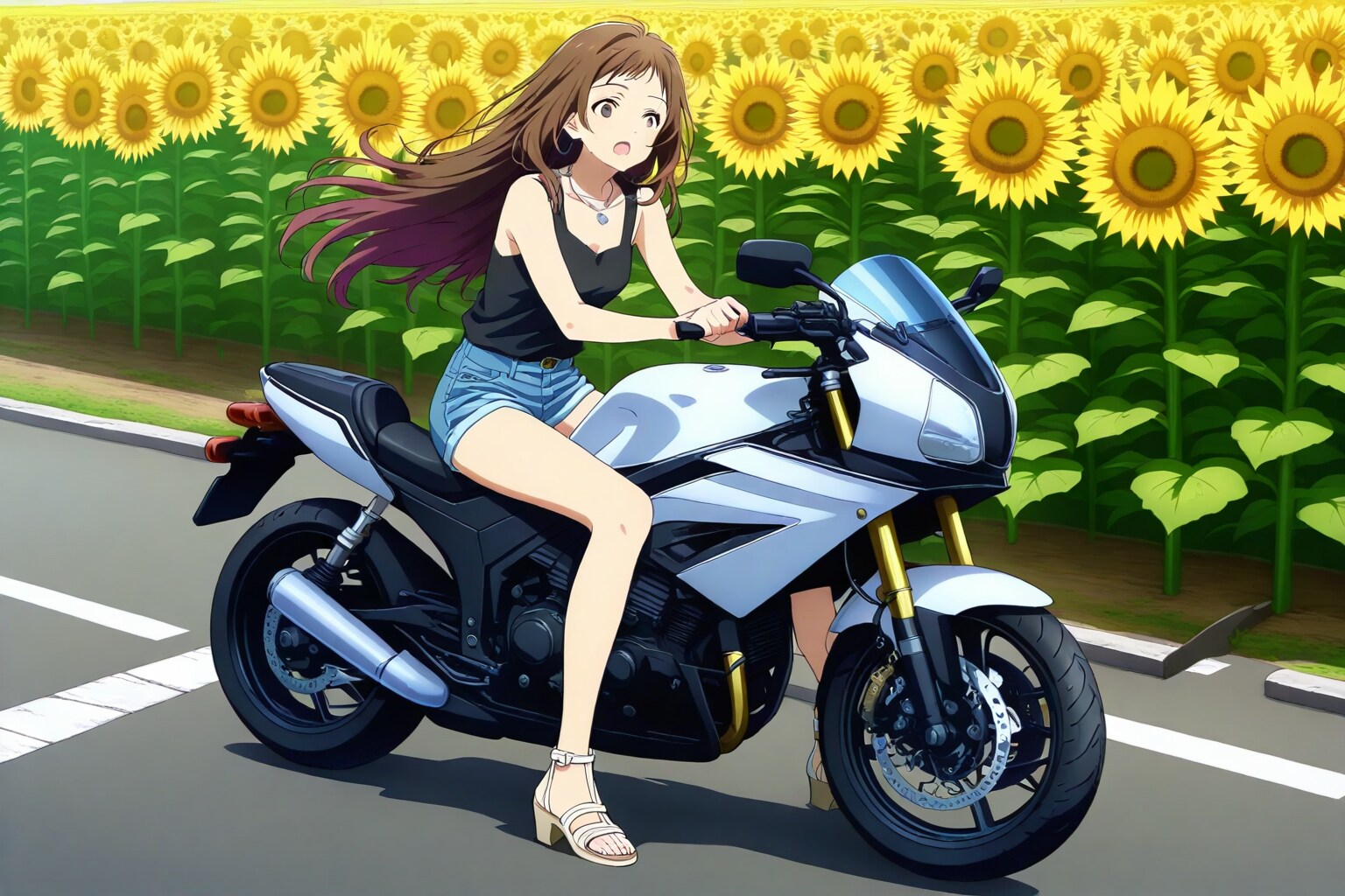 ひまわり畑とバイク女子 | の人気AIイラスト・グラビア