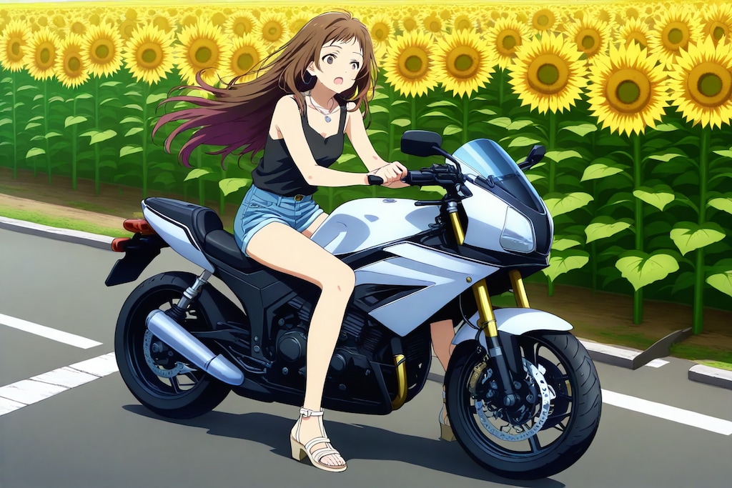 ひまわり畑とバイク女子