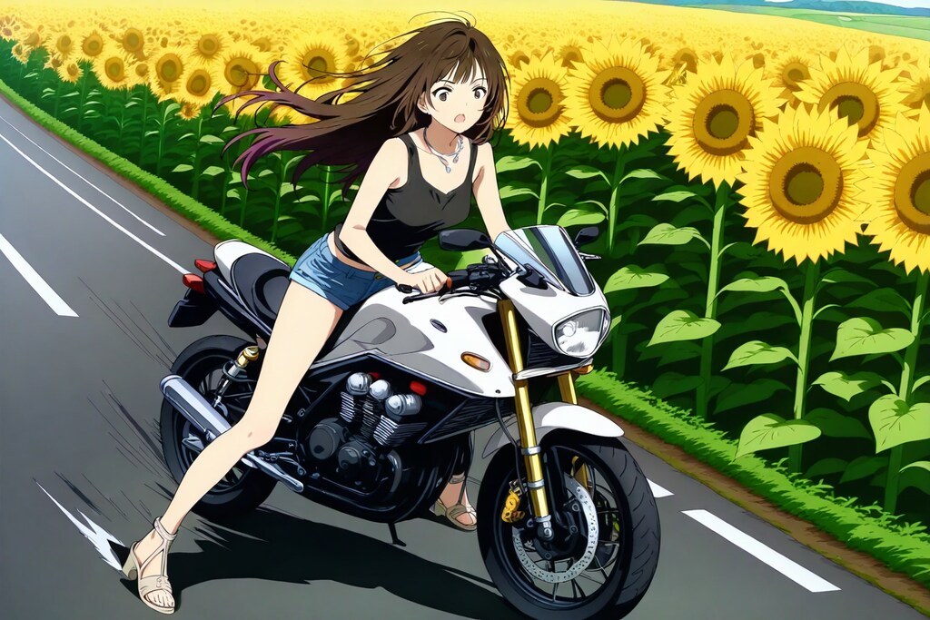 ひまわり畑とバイク女子