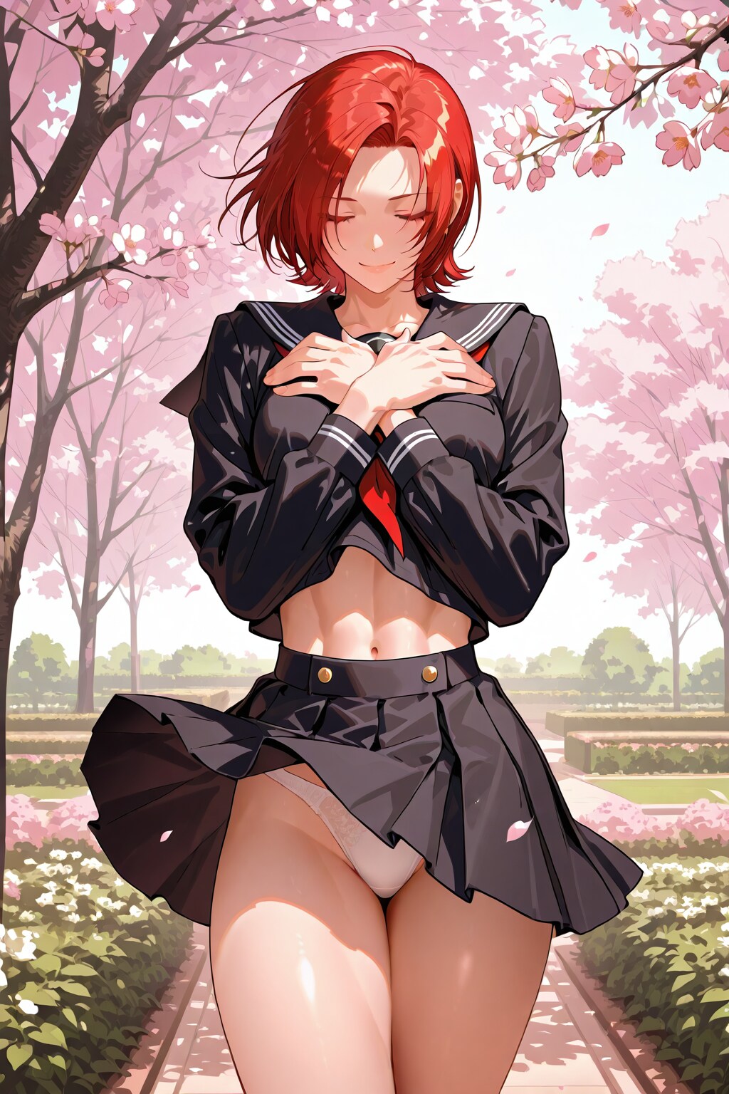 セーラー服の赤毛美女、スカートが春風に吹かれてパンツがチラリ