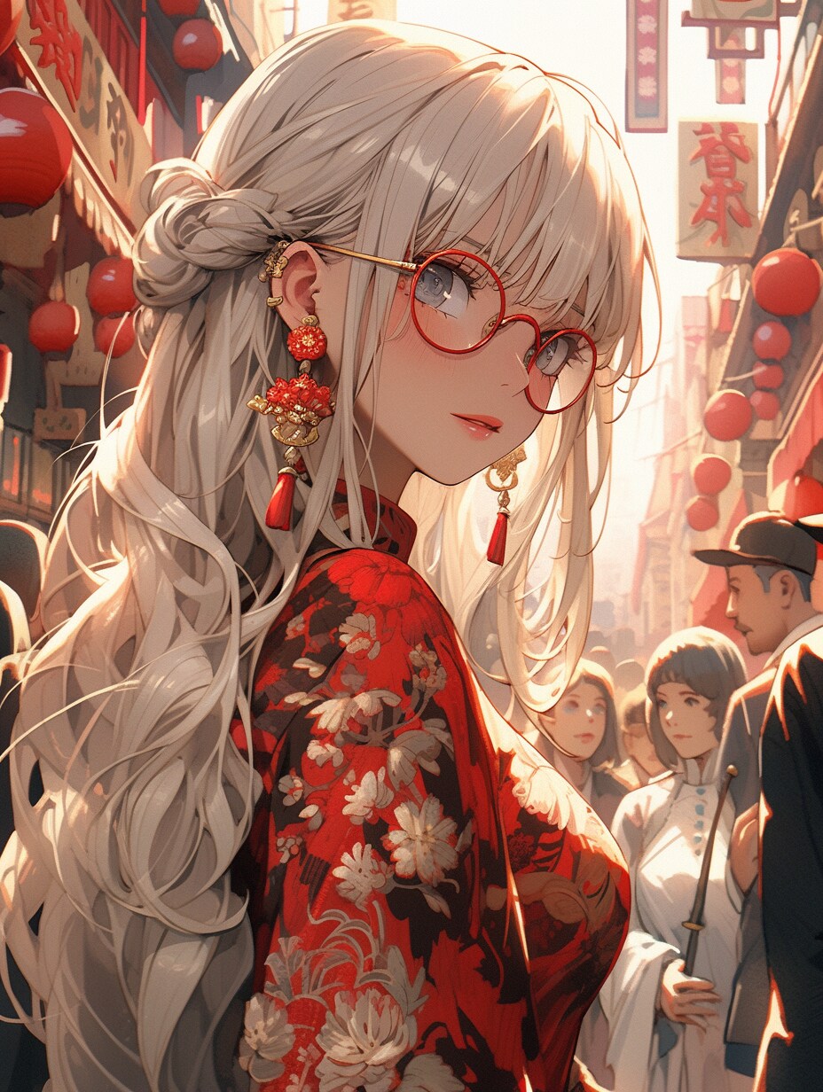 チャイナドレスのメガネ女子