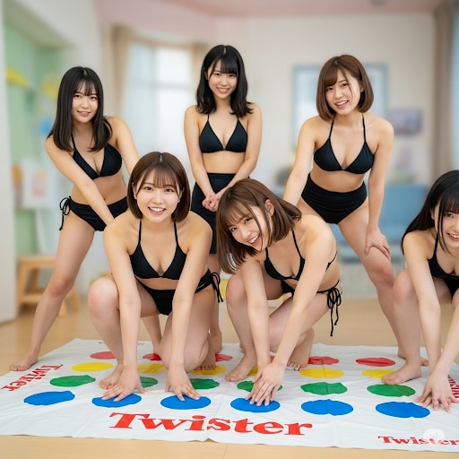 黒ビキニの女子たちがツイスターゲーム