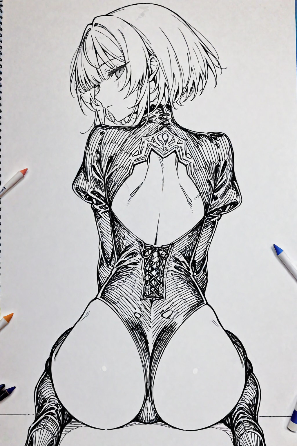 「ヨルハ２Bが振り向いた後ろ姿」の全身画像をモノクロカラー鉛筆画 | の人気AIイラスト・グラビア