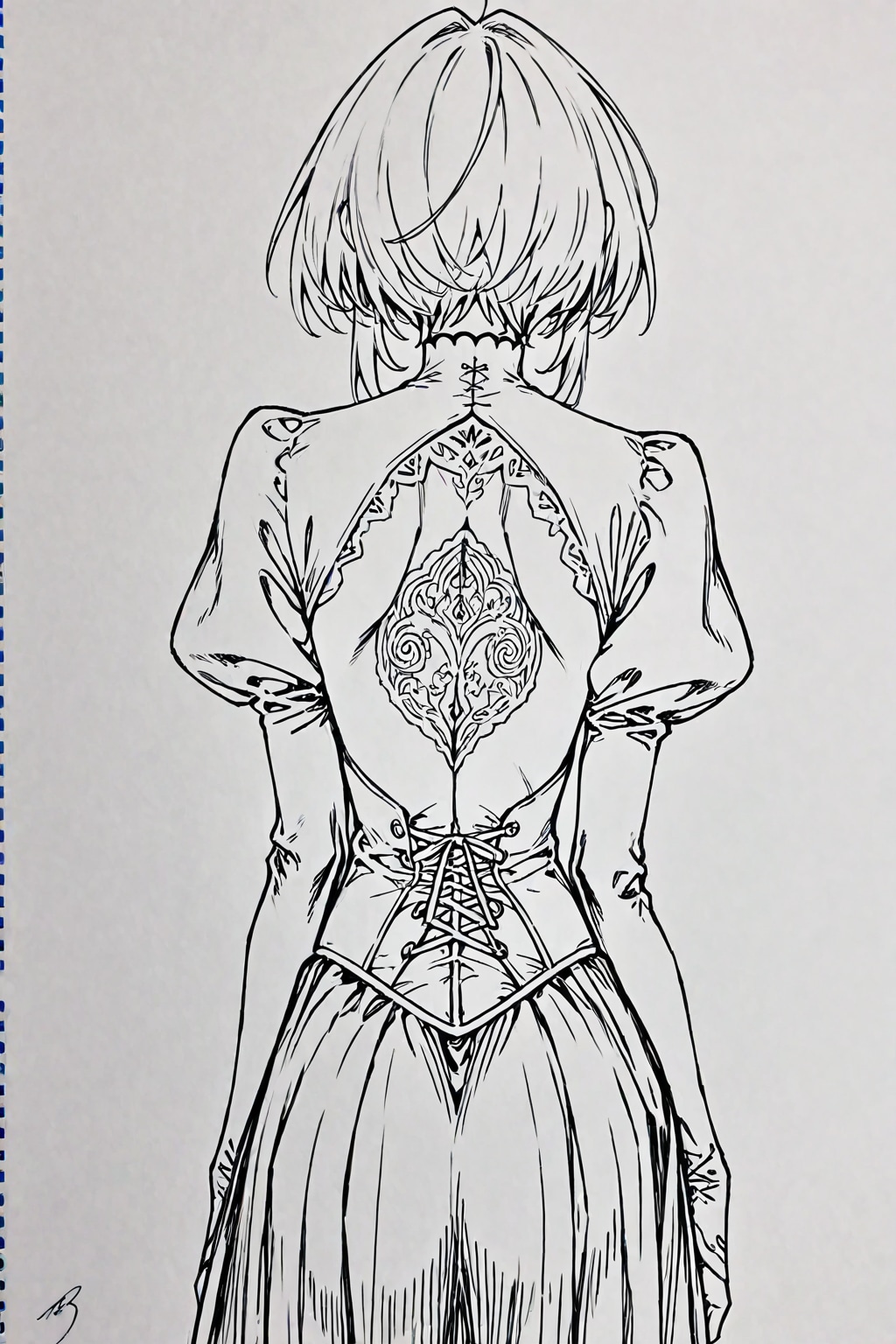 「ヨルハ２Bが振り向いた後ろ姿」の全身画像をモノクロカラー鉛筆画