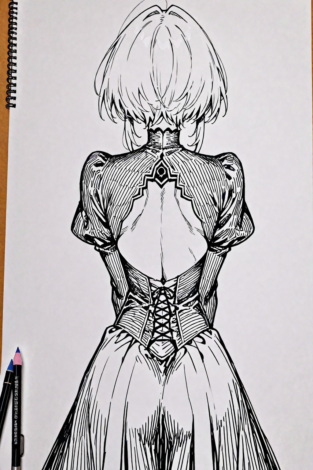 「ヨルハ２Bが振り向いた後ろ姿」の全身画像をモノクロカラー鉛筆画