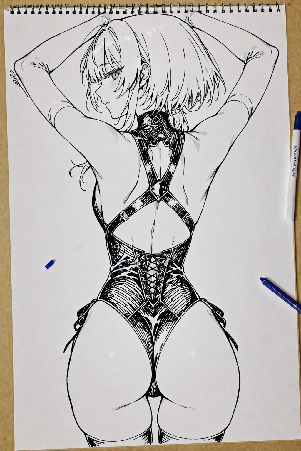 「ヨルハ２Bが振り向いた後ろ姿」の全身画像をモノクロカラー鉛筆画