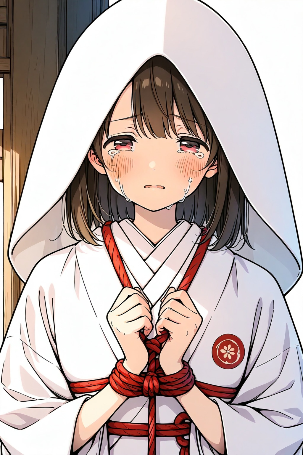 手を縄で縛られた白無垢の美少女