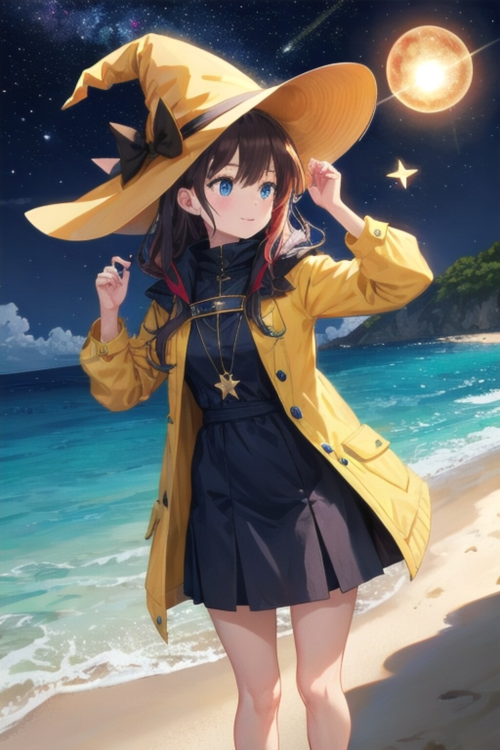 砂浜の黄色い魔女と夜空