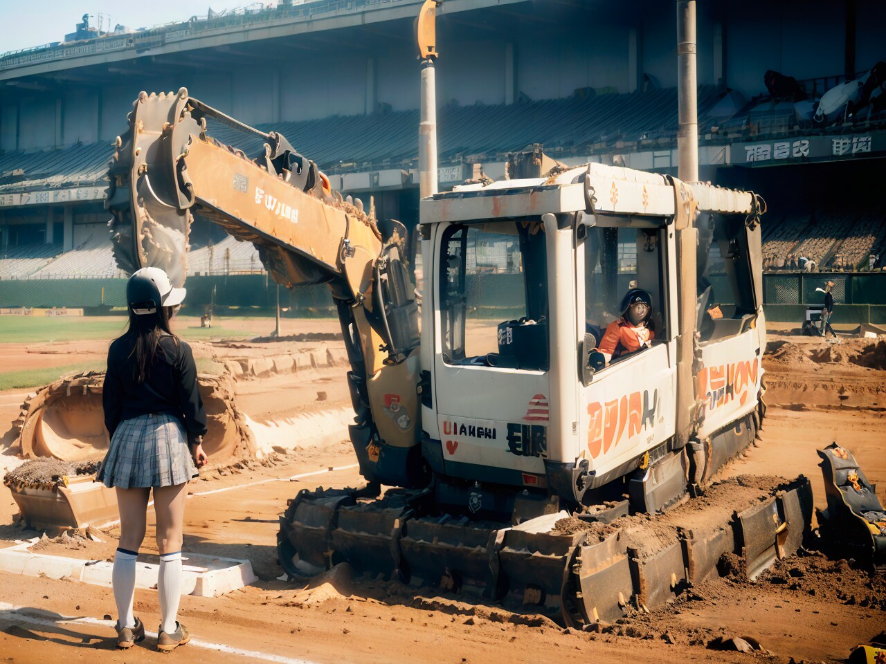 【謎画像】高校野球で負けてしまったので重機で土を集める女子マネージャー