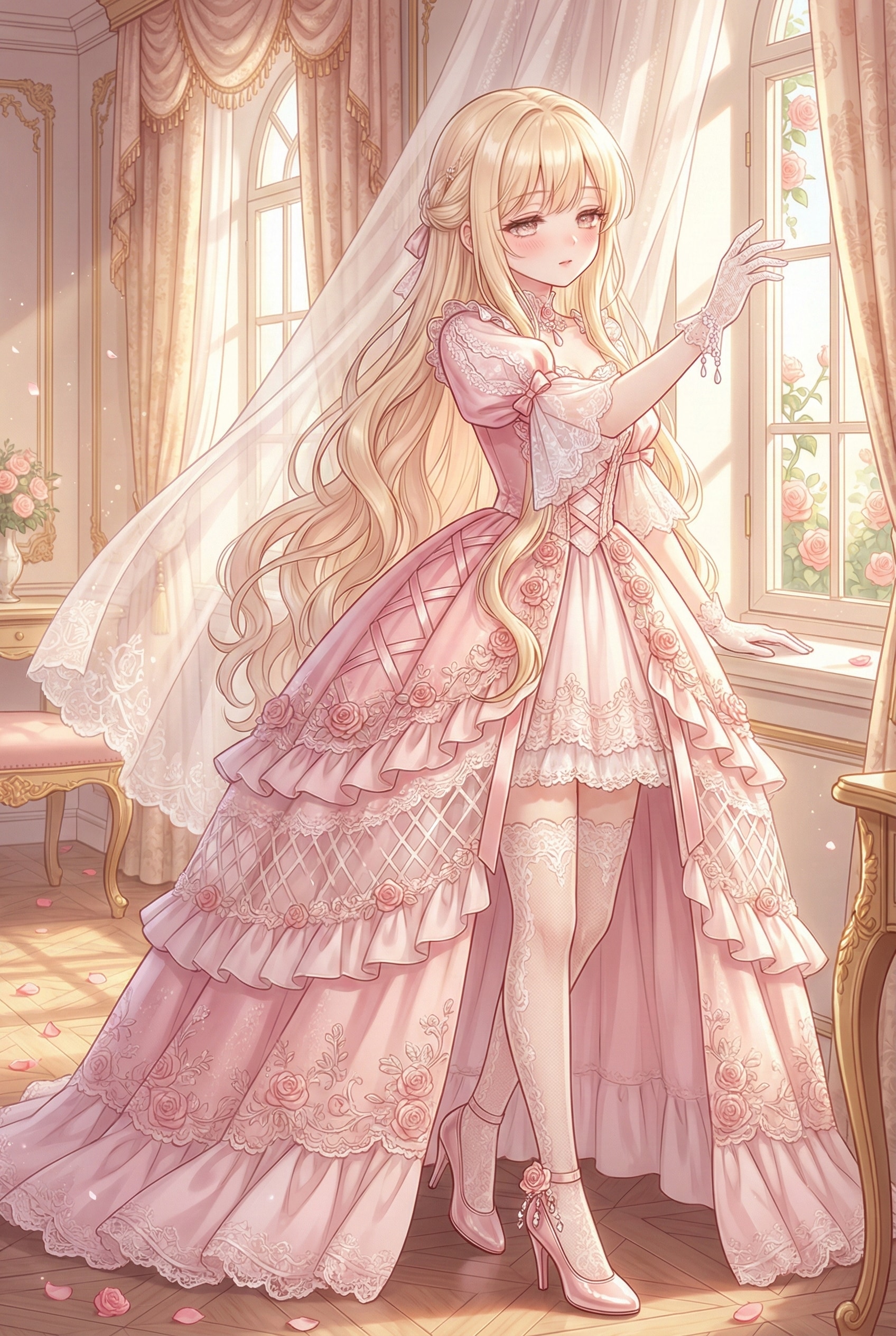 薔薇囁く窓辺の薄絹姫、届かぬ光への優雅なる祈り | の人気AIイラスト・グラビア