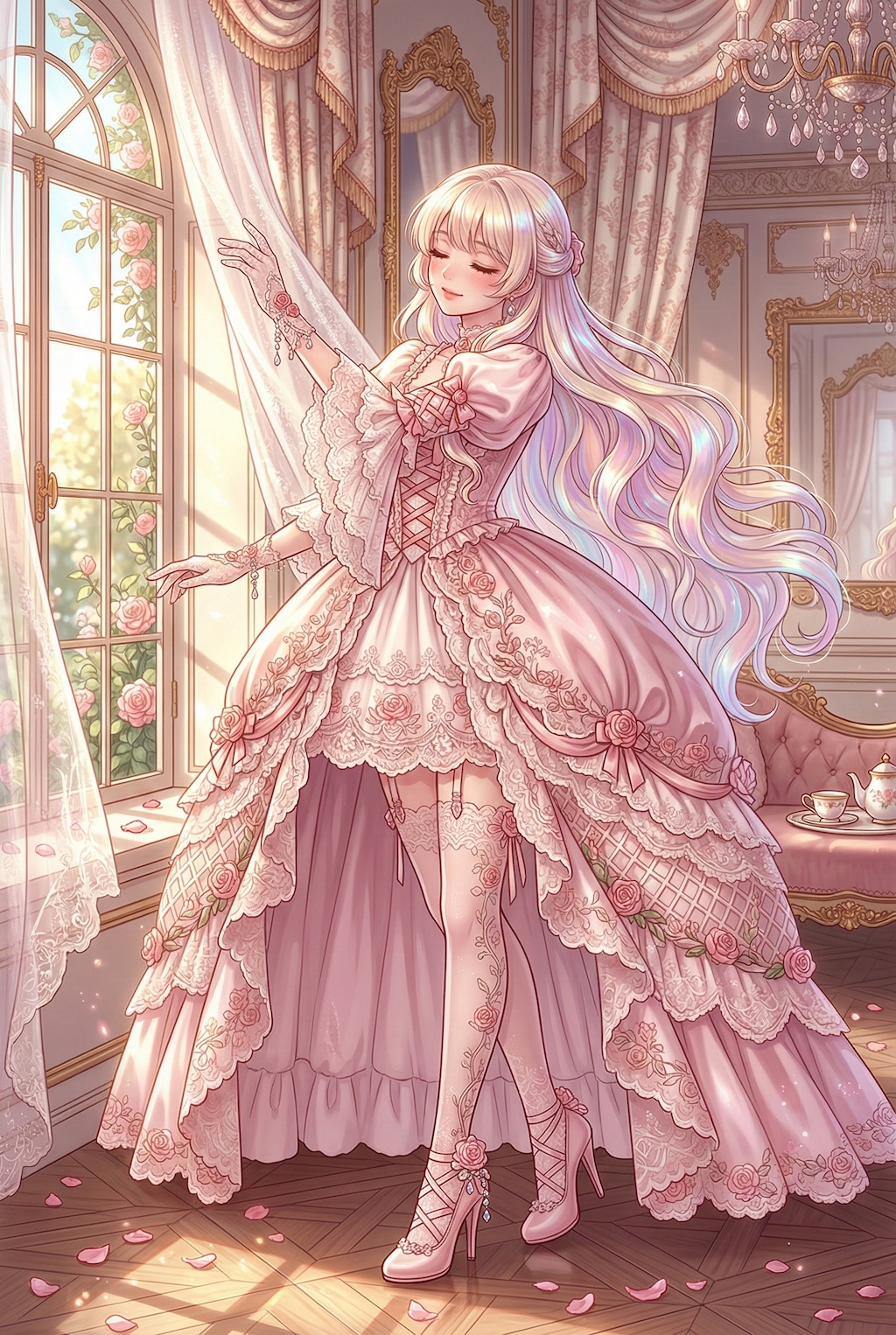 薔薇囁く窓辺の薄絹姫、届かぬ光への優雅なる祈り