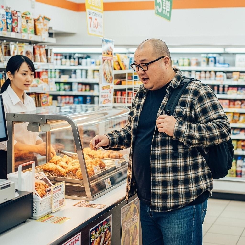 コンビニで買い物をするデブオタ君
