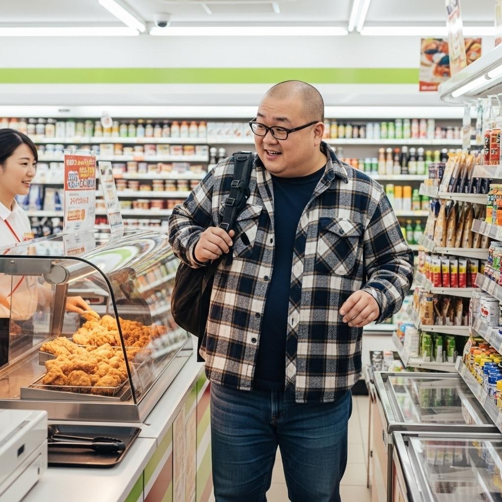 コンビニで買い物をするデブオタ君