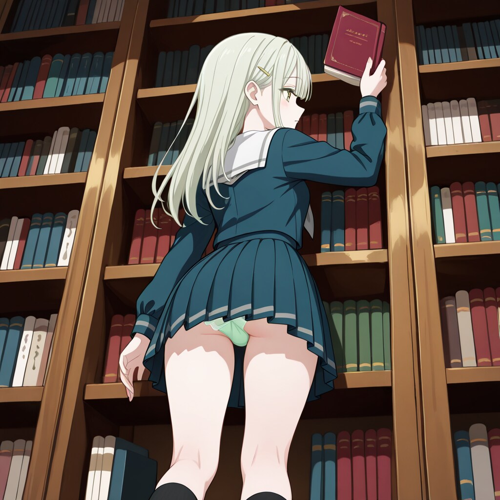 若葉睦が本棚から本を取りながら緑のパンツを露出する。