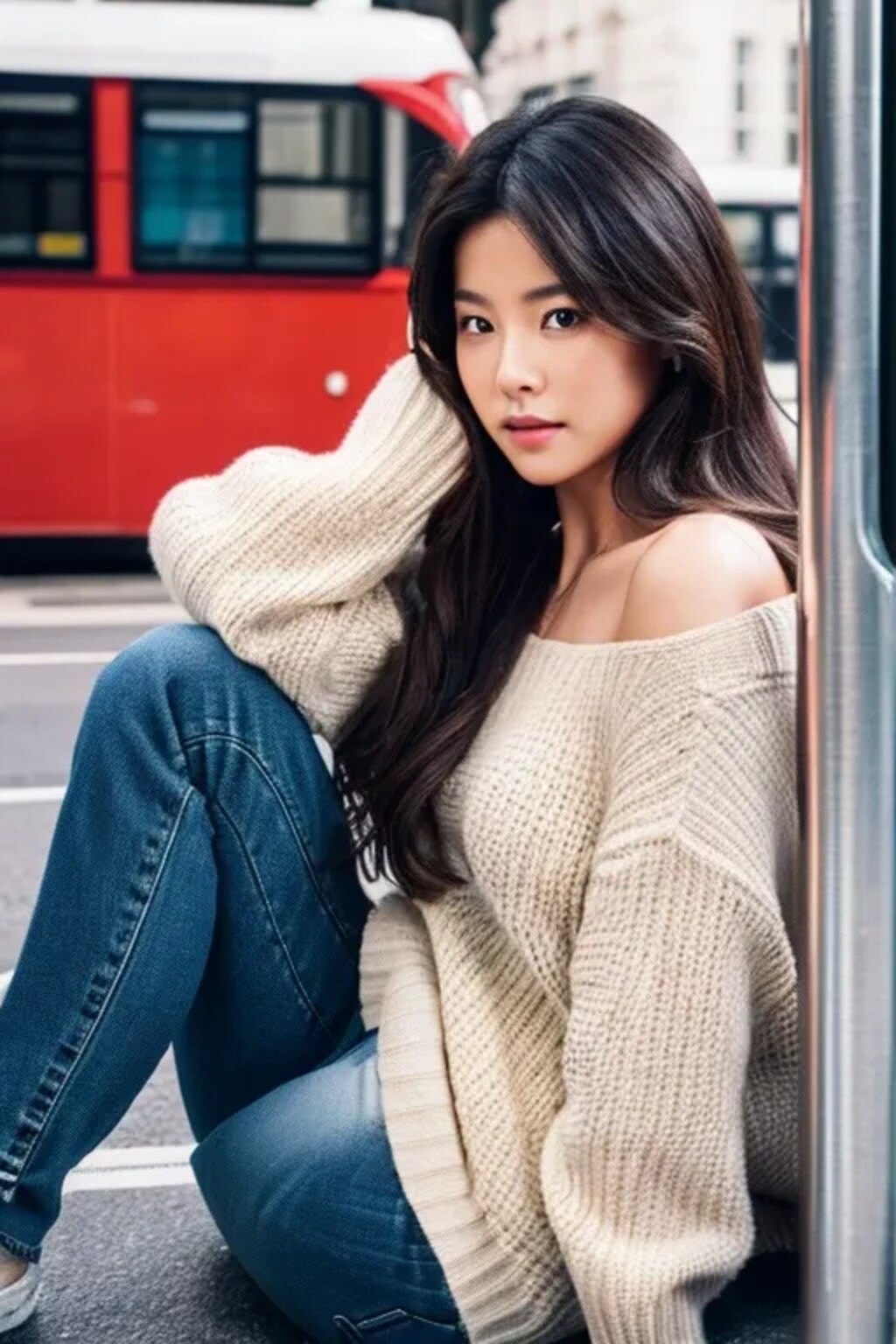 🚍バス停に座り込むAI美女🚍