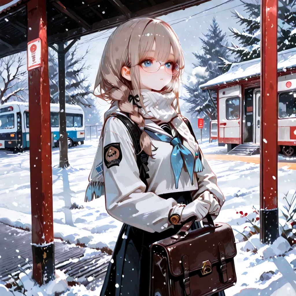 冬のバス待ち眼鏡三つ編み女の子 | の人気AIイラスト・グラビア