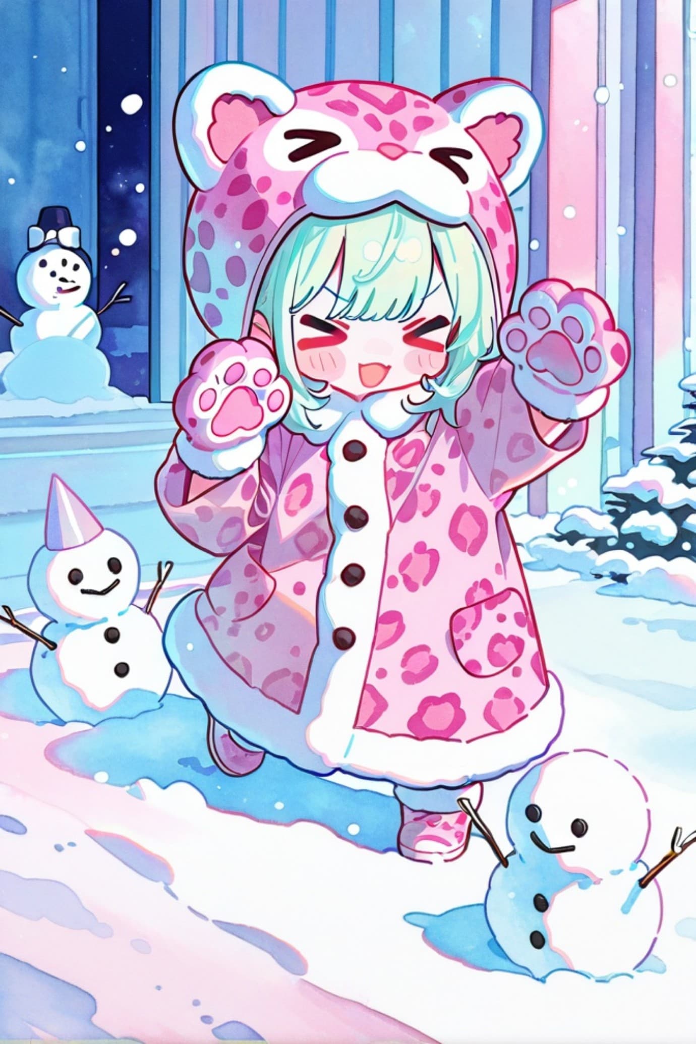 緑髪ちゃんと雪だるま | の人気AIイラスト・グラビア