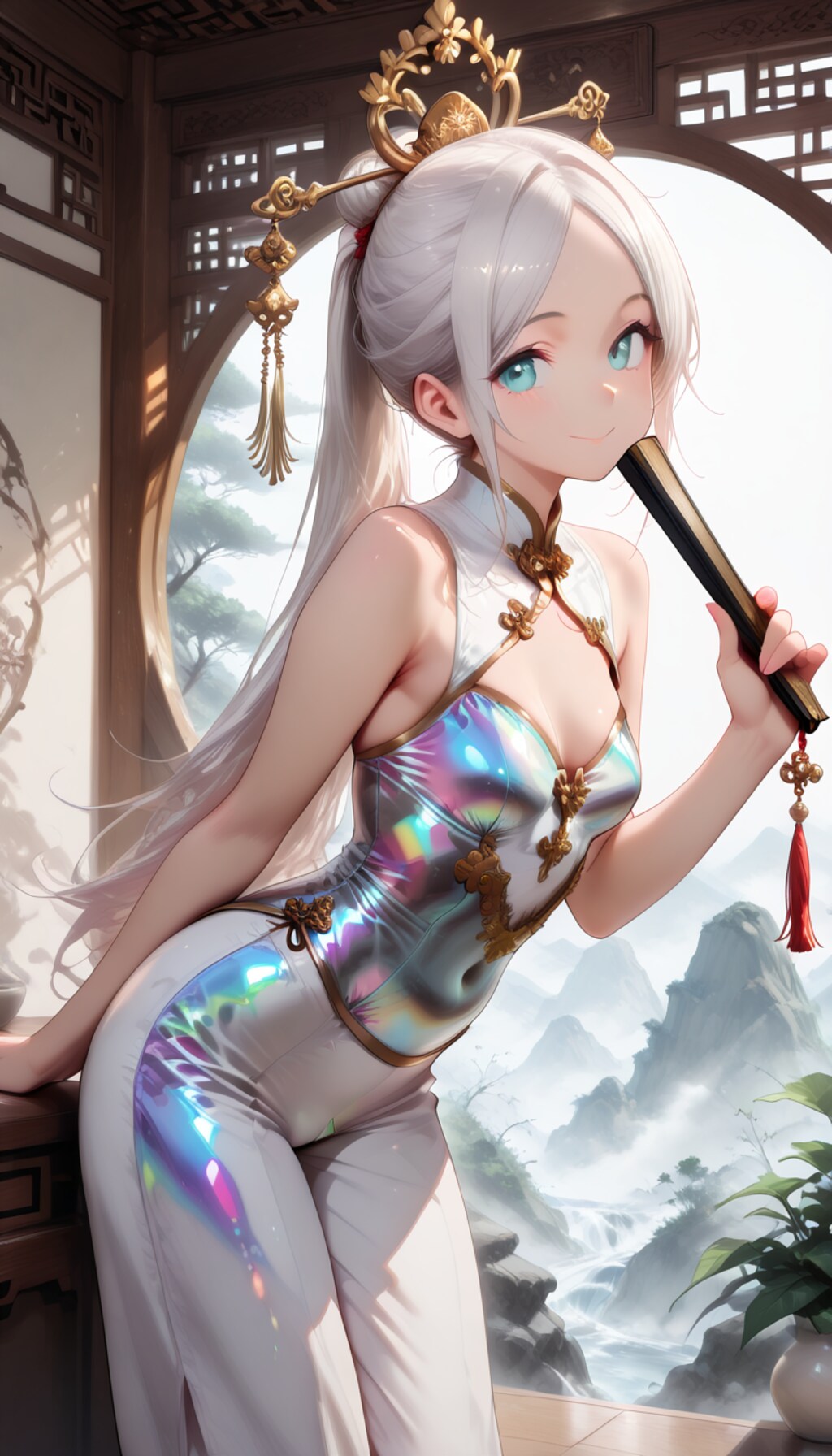 ポニテチャイナさん、光沢チャイナドレス風で扇持ち