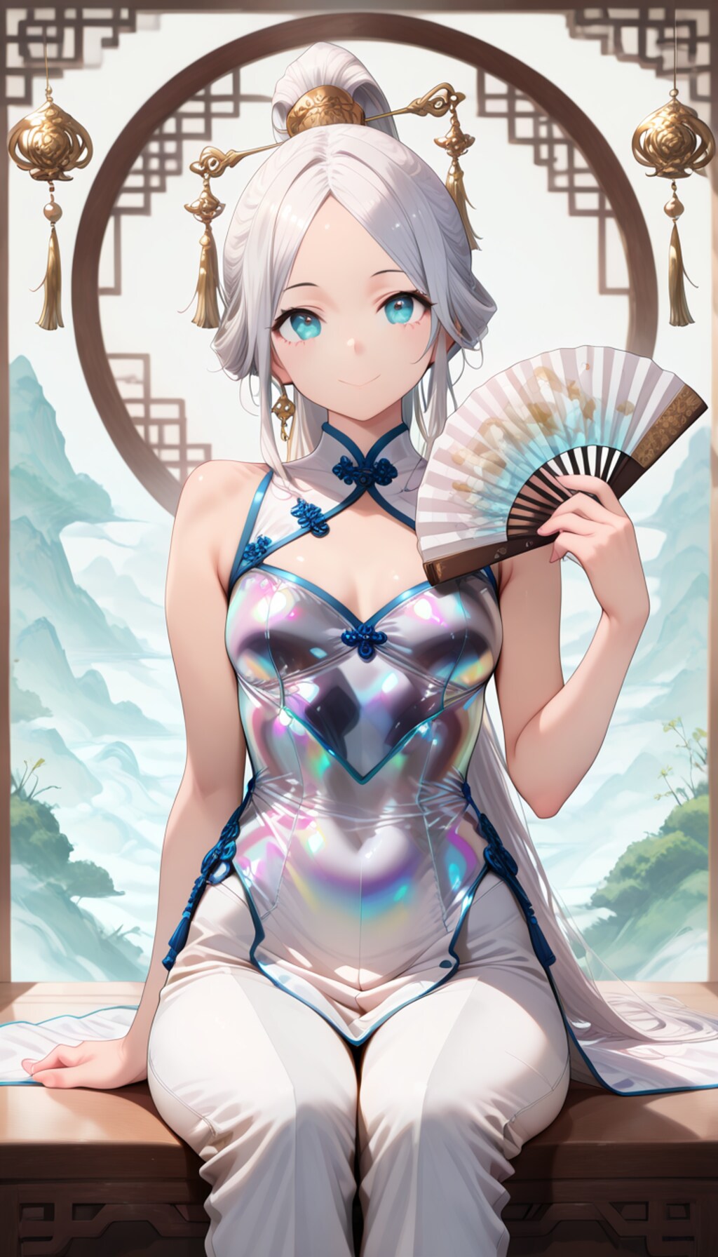 ポニテチャイナさん、光沢チャイナドレス風で扇持ち